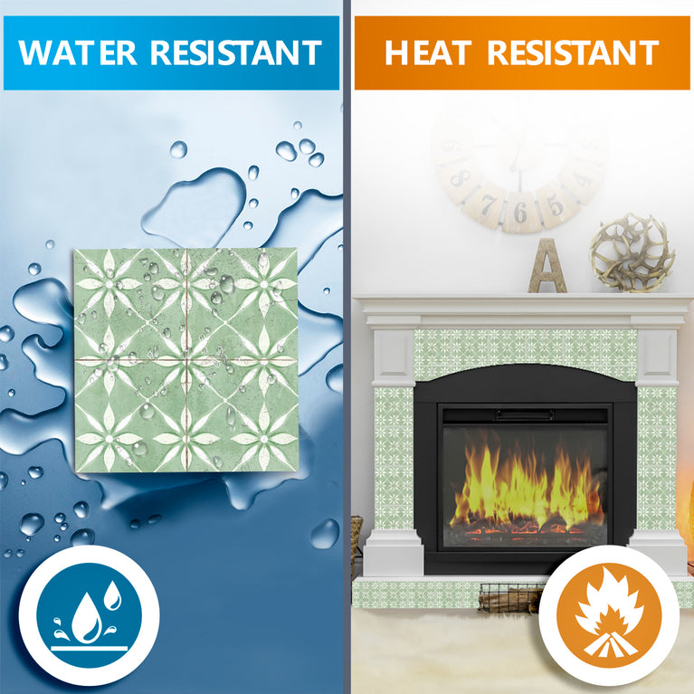 Green Vintage Peel And Stick Tile Stickers White Flower Pattern R200 Model - R200