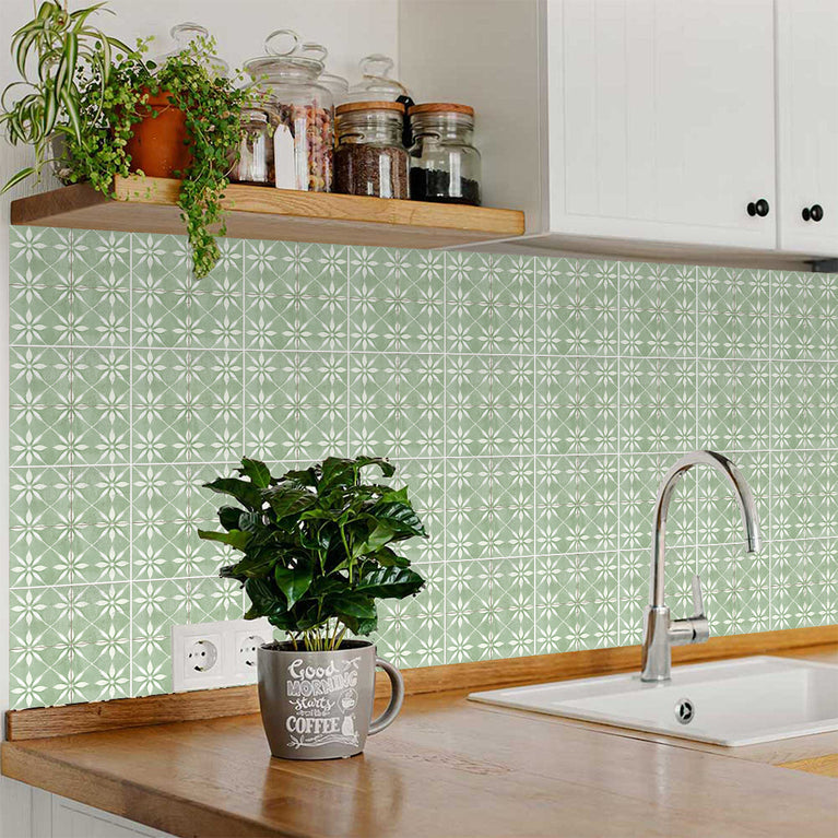 Green Vintage Peel And Stick Tile Stickers White Flower Pattern R200 Model - R200