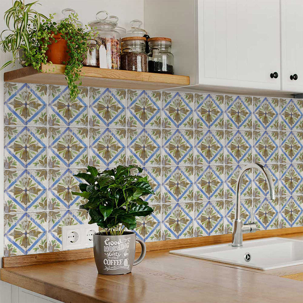 Green and Blue Floral Rustic Design Tile Stickers floor durable Model - R72