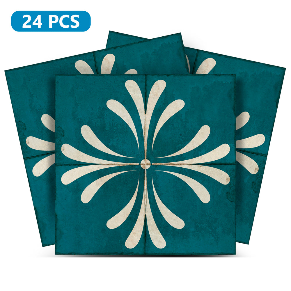 Bold Teal Floral Tile Stickers – Peel and Stick Waterproof Tiles for Bathroom, Kitchen, Furniture & Accent Walls Model- R79