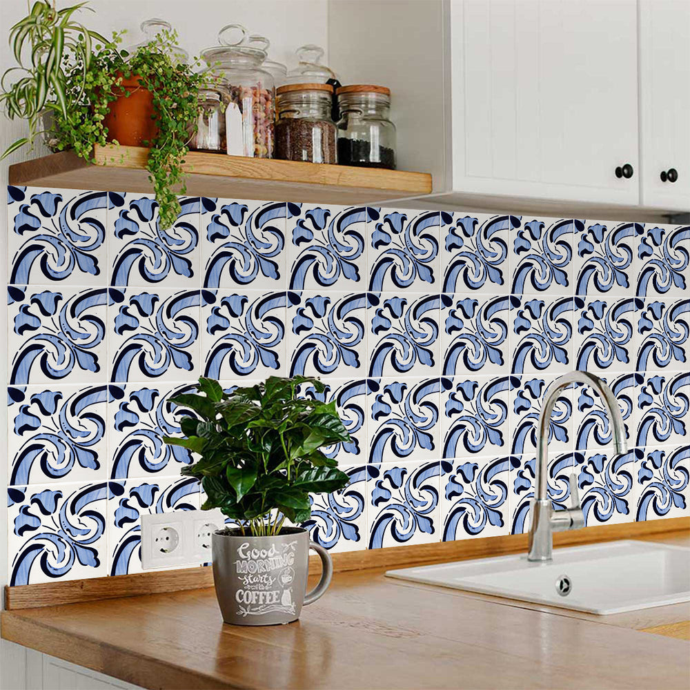 Blue White Design Tile Stickers Backsplash Easy Apply Model - V6