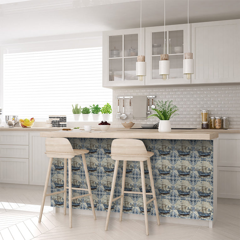 Blue ship Delft Beautiful pattern easy to install for home renovation Model - D27