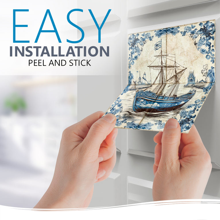 Blue ship Delft Beautiful pattern easy to install for home renovation Model - D27