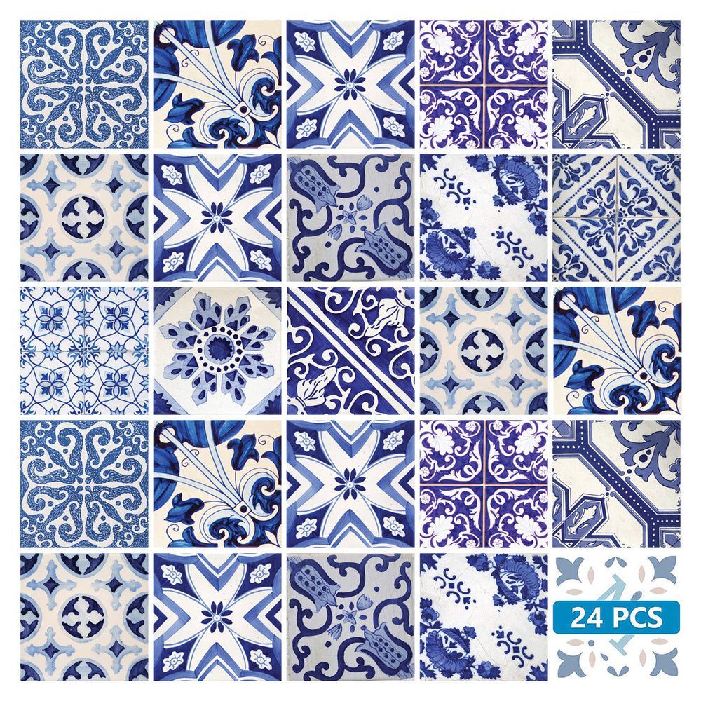 Blue Backsplash Vintage multiple patterns Tile Stickers for bathroom décor Model - V15