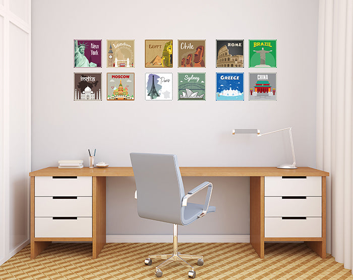 12x2 (24 pcs) TRAVEL THE WORLD WITH THESE ILLUSTRATED STAMP WALL STICKERS