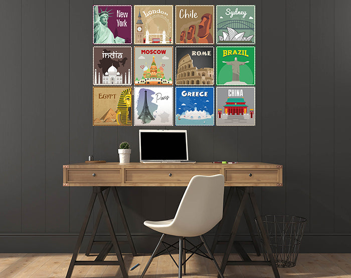 12x2 (24 pcs) TRAVEL THE WORLD WITH THESE ILLUSTRATED STAMP WALL STICKERS