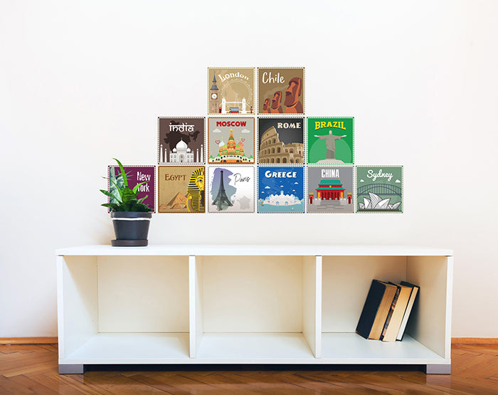 12x2 (24 pcs) TRAVEL THE WORLD WITH THESE ILLUSTRATED STAMP WALL STICKERS