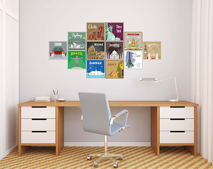 12x2 (24 pcs) TRAVEL THE WORLD WITH THESE ILLUSTRATED STAMP WALL STICKERS