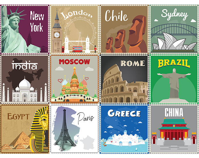 12x2 (24 pcs) TRAVEL THE WORLD WITH THESE ILLUSTRATED STAMP WALL STICKERS