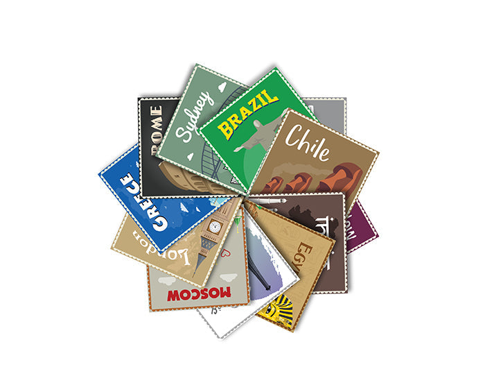 12x2 (24 pcs) TRAVEL THE WORLD WITH THESE ILLUSTRATED STAMP WALL STICKERS