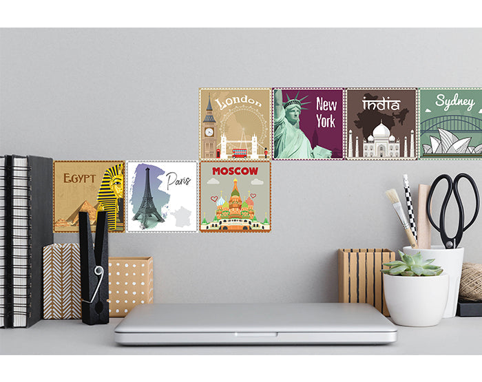 12x2 (24 pcs) TRAVEL THE WORLD WITH THESE ILLUSTRATED STAMP WALL STICKERS