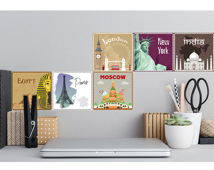12x2 (24 pcs) TRAVEL THE WORLD WITH THESE ILLUSTRATED STAMP WALL STICKERS