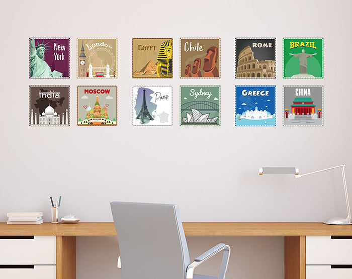 12x2 (24 pcs) TRAVEL THE WORLD WITH THESE ILLUSTRATED STAMP WALL STICKERS
