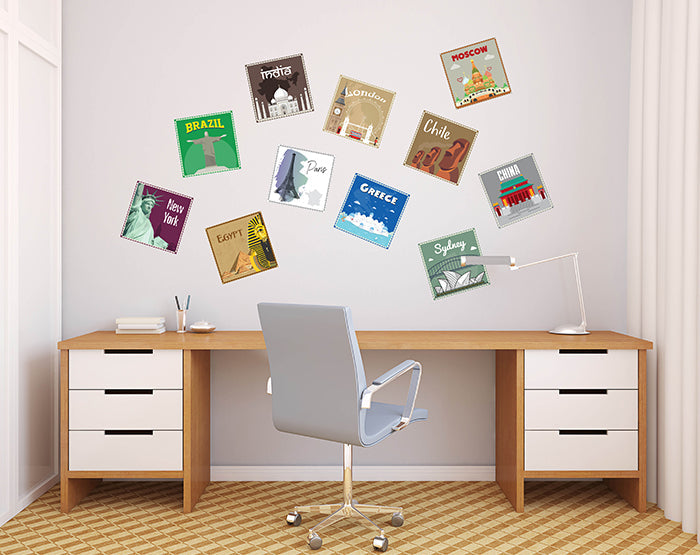 12x2 (24 pcs) TRAVEL THE WORLD WITH THESE ILLUSTRATED STAMP WALL STICKERS