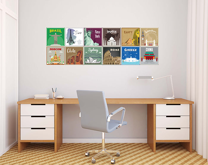 12x2 (24 pcs) TRAVEL THE WORLD WITH THESE ILLUSTRATED STAMP WALL STICKERS