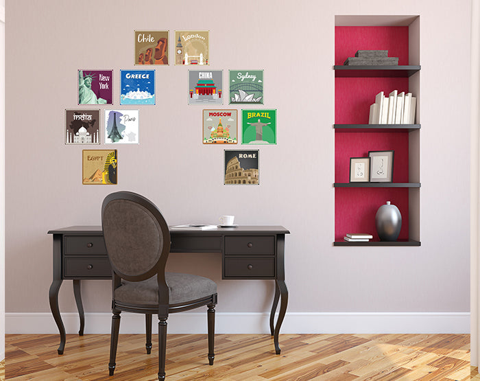 12x2 (24 pcs) TRAVEL THE WORLD WITH THESE ILLUSTRATED STAMP WALL STICKERS