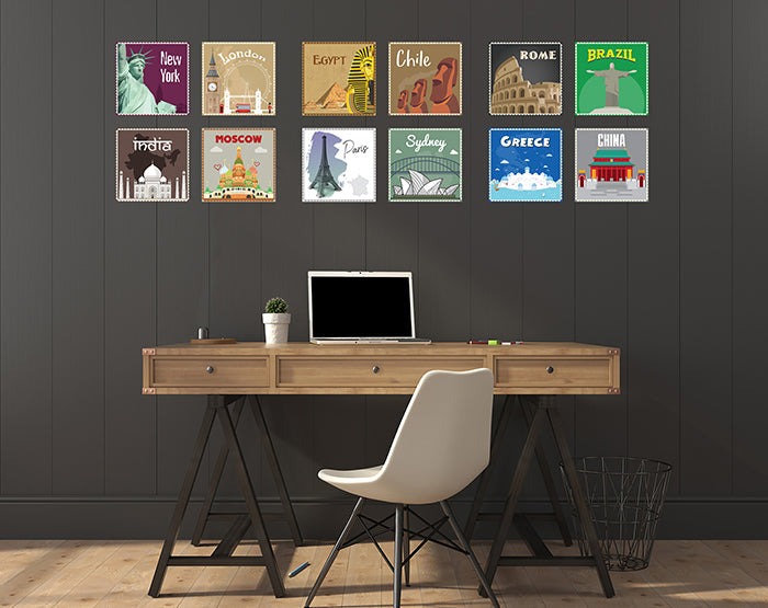 12x2 (24 pcs) TRAVEL THE WORLD WITH THESE ILLUSTRATED STAMP WALL STICKERS