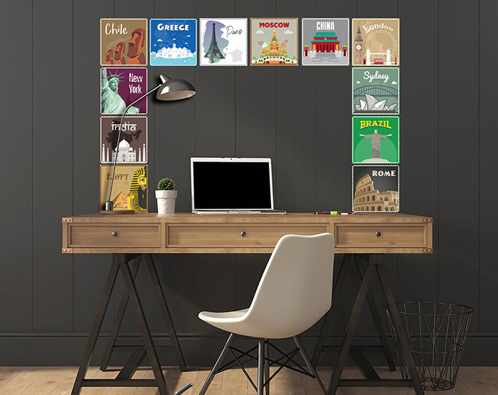 12x2 (24 pcs) TRAVEL THE WORLD WITH THESE ILLUSTRATED STAMP WALL STICKERS