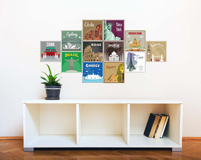 12x2 (24 pcs) TRAVEL THE WORLD WITH THESE ILLUSTRATED STAMP WALL STICKERS
