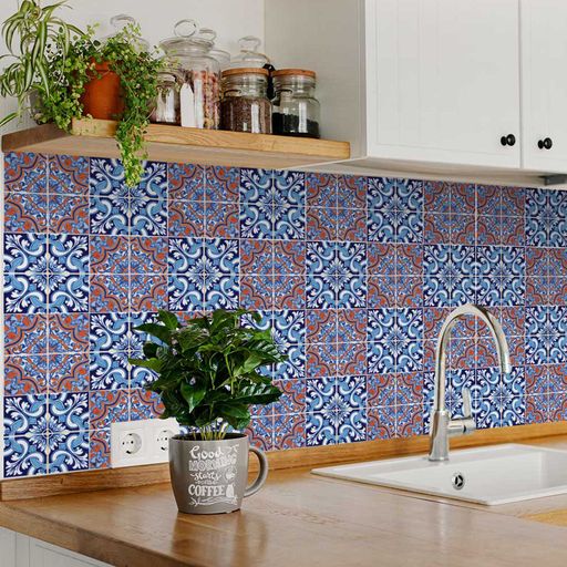 Red and Blue Trendy backsplash Peel and Stick Spanish Tile Stickers Model - H218