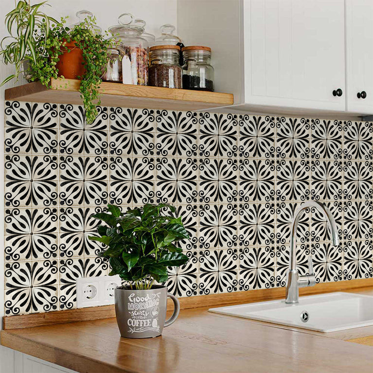 Black And White Vintage Flower Design kitchen Tile Stickers Model - B37