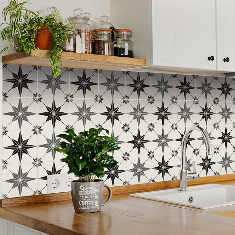 Two pattern Black and Gray star shaped tile stickers for kitchens Model - B570