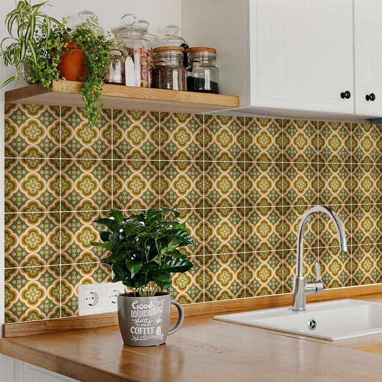 Heritage Floral Medallion Backsplash Tile Stickers, Retro Botanical Arabesque Tile - C189