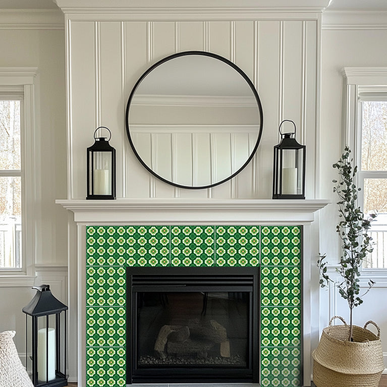 Emerald Garden Bloom Backsplash Tile Stickers – Vibrant Green Floral Botanical Peel and Stick Wall Tiles - C191