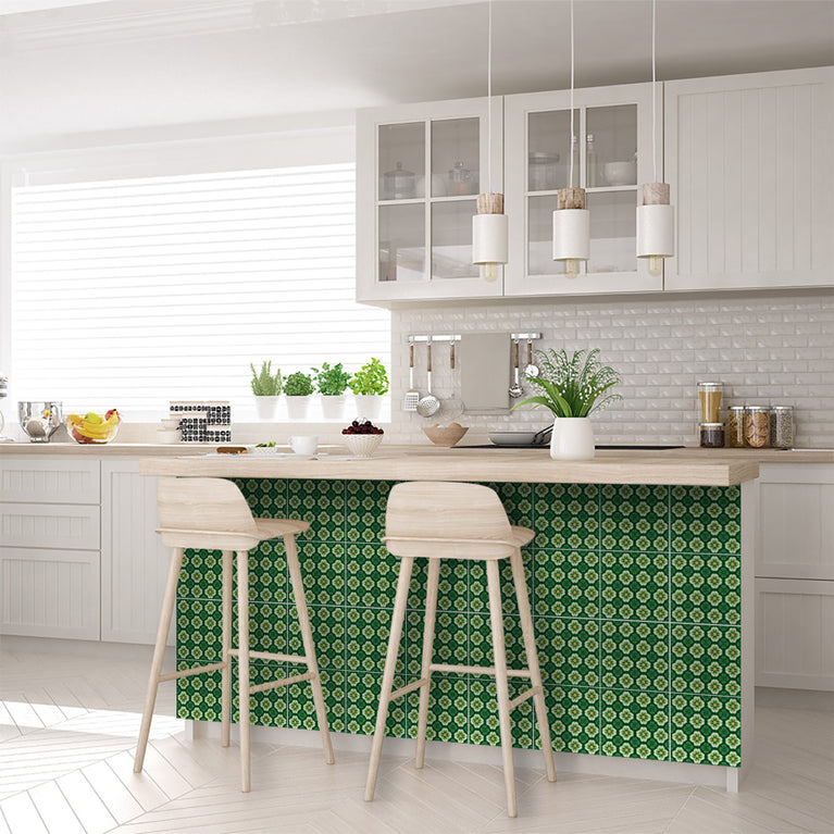 Emerald Garden Bloom Backsplash Tile Stickers – Vibrant Green Floral Botanical Peel and Stick Wall Tiles - C191