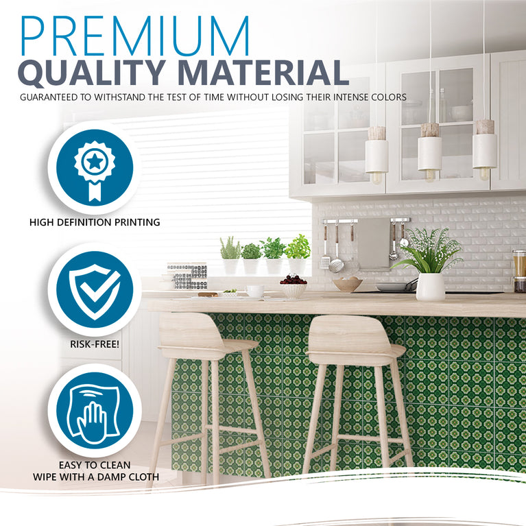 Emerald Garden Bloom Backsplash Tile Stickers – Vibrant Green Floral Botanical Peel and Stick Wall Tiles - C191