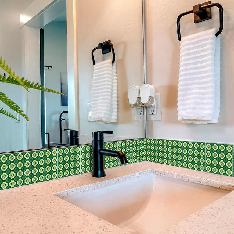 Emerald Garden Bloom Backsplash Tile Stickers – Vibrant Green Floral Botanical Peel and Stick Wall Tiles - C191