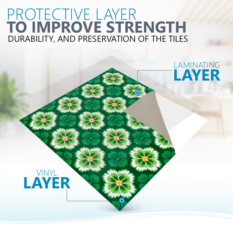 Emerald Garden Bloom Backsplash Tile Stickers – Vibrant Green Floral Botanical Peel and Stick Wall Tiles - C191