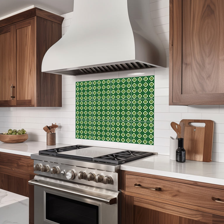 Emerald Garden Bloom Backsplash Tile Stickers – Vibrant Green Floral Botanical Peel and Stick Wall Tiles - C191