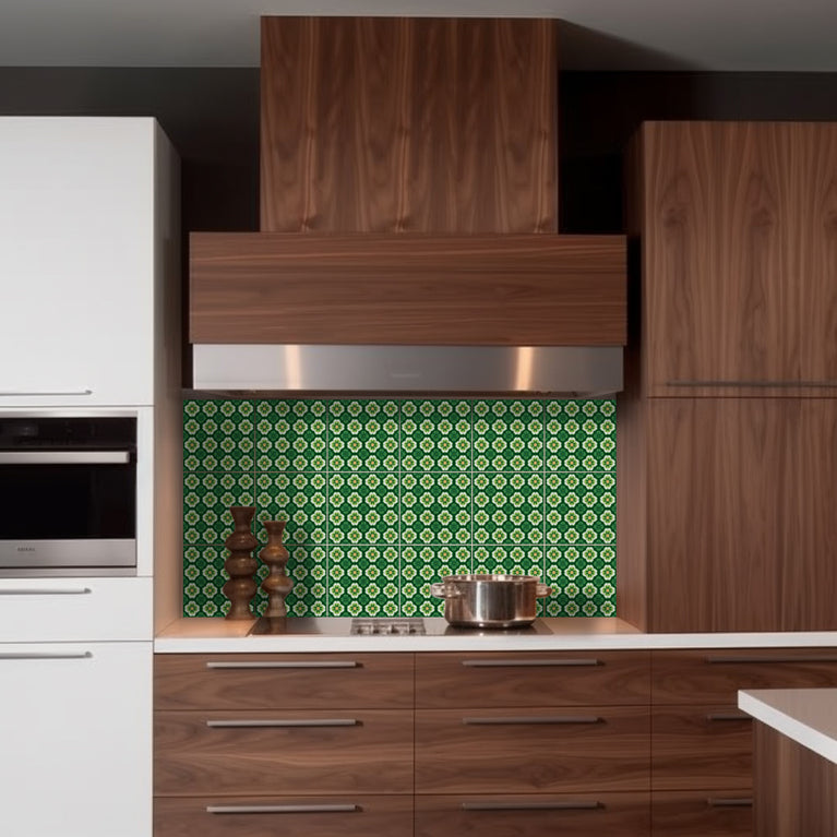 Emerald Garden Bloom Backsplash Tile Stickers – Vibrant Green Floral Botanical Peel and Stick Wall Tiles - C191