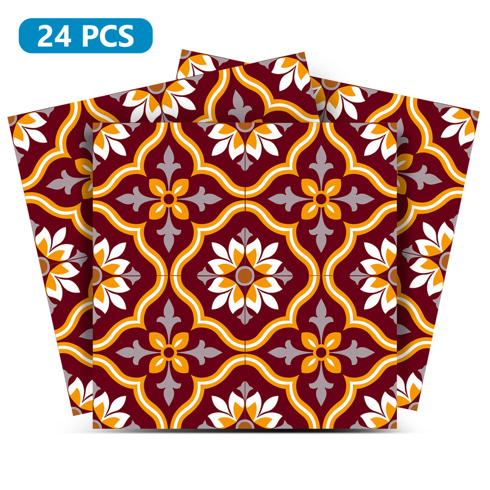 Moroccan Floral Arabesque Backsplash Tile Stickers, Burgundy Orange and White Vintage Decorative Peel and Stick Wall Tiles - C192