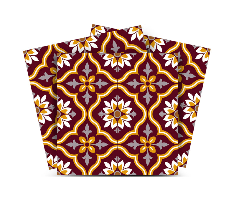 Moroccan Floral Arabesque Backsplash Tile Stickers, Burgundy Orange and White Vintage Decorative Peel and Stick Wall Tiles - C192