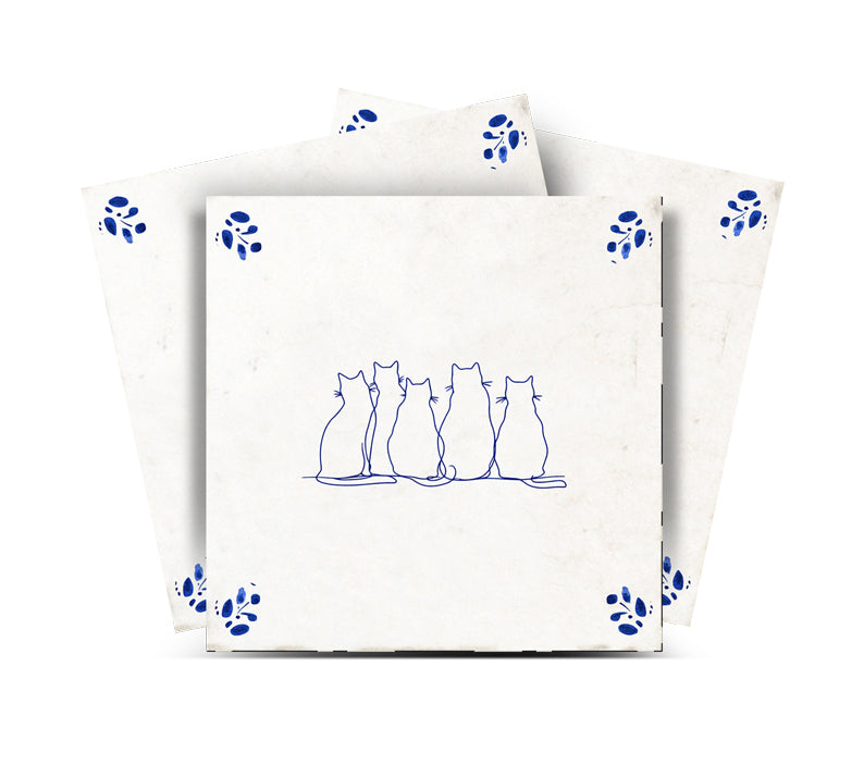 Delft Tile Adorable Five Cats Together Minimalist Blue Line Art Vintage Mediterranean Kitchen Backsplash Tile Stickers - D101