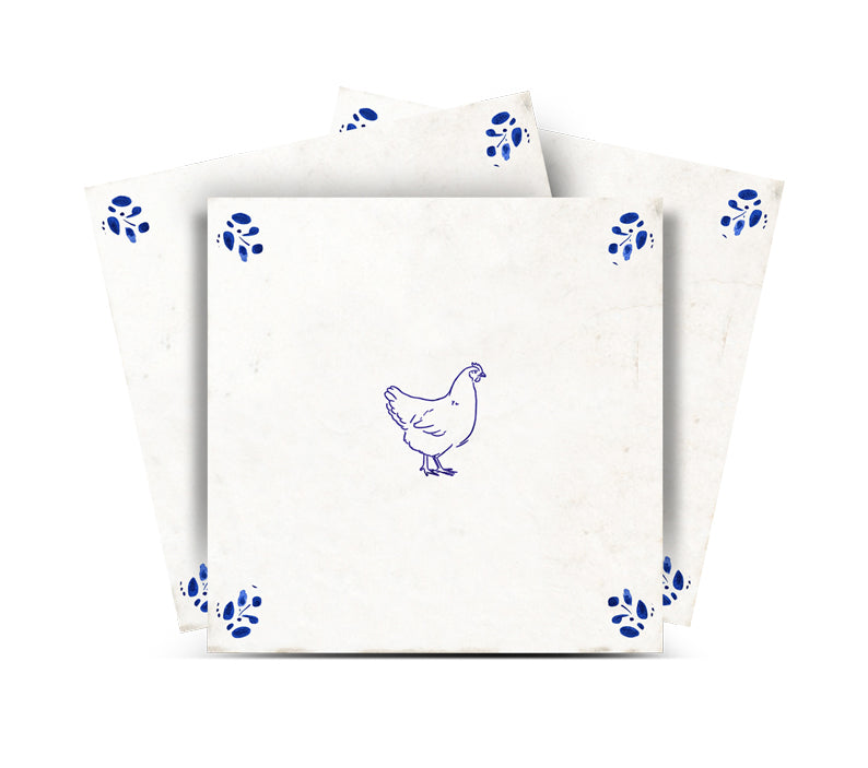 Delft Tile Vintage Blue Hen Illustration Mediterranean Farmhouse Decorative Kitchen Backsplash Tile Stickers - D102