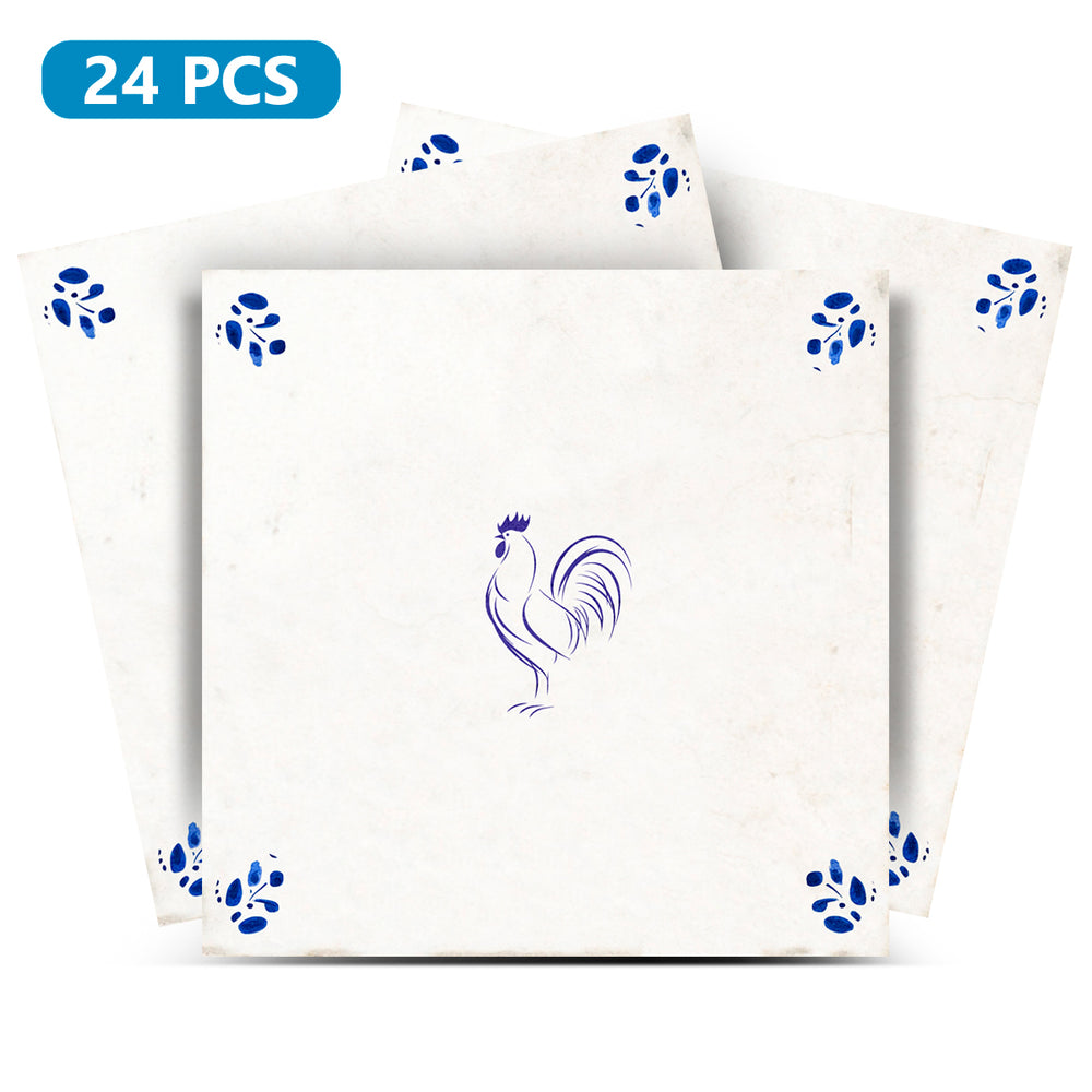 Delft Tile French Country Blue Rooster Vintage Farmhouse Decorative Kitchen Backsplash Tile Stickers - D103