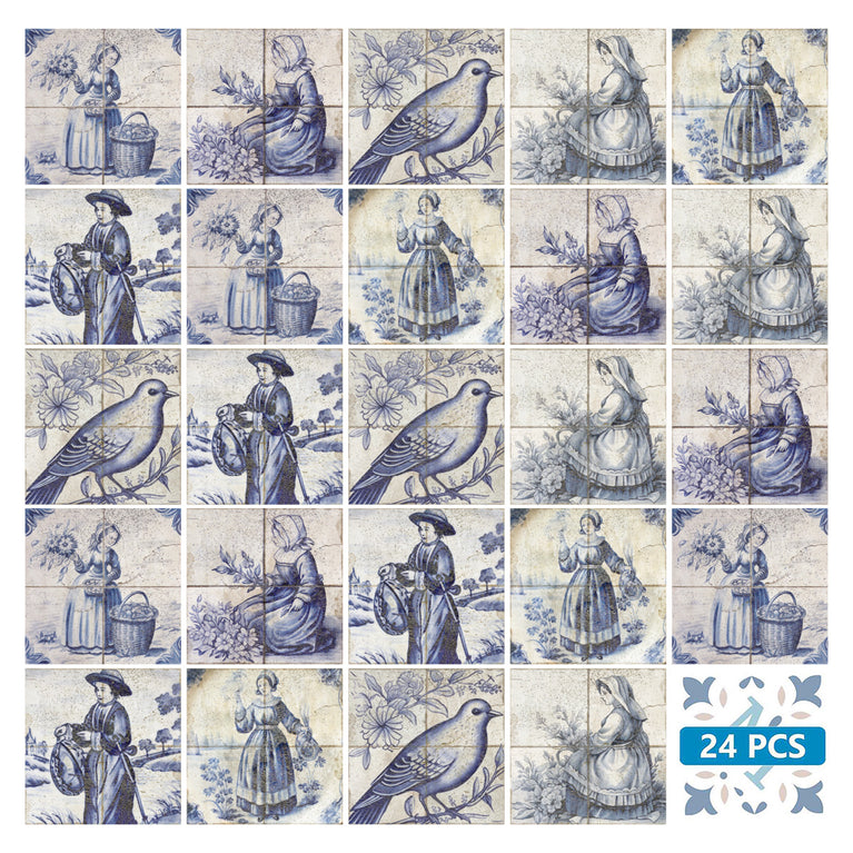 Delft Tiles Peel and Stick vinyl Decals Light Blue Vintage Backsplash Model - D200