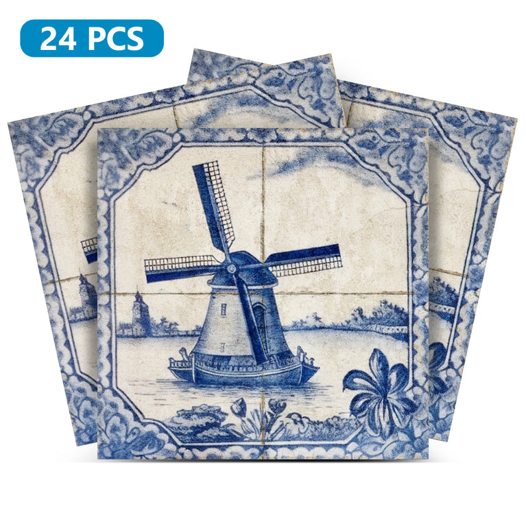 Delft Windmill Tiles Stickers Peel and Stick vinyl Decals Vintage Tiles Blue Model - D28