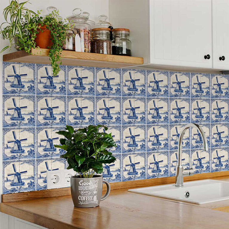 Delft Windmill Tiles Stickers Peel and Stick vinyl Decals Vintage Tiles Blue Model - D28