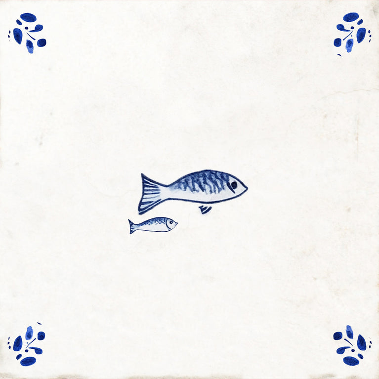 Delft Tile Vintage Mediterranean Fish Pair Hand-Drawn Blue Line Art Kitchen Backsplash Tile Stickers - D403