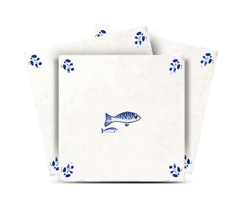 Delft Tile Vintage Mediterranean Fish Pair Hand-Drawn Blue Line Art Kitchen Backsplash Tile Stickers - D403