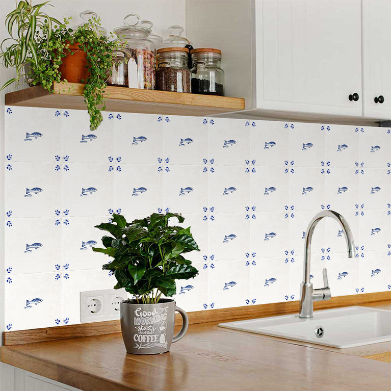 Delft Tile Vintage Mediterranean Fish Pair Hand-Drawn Blue Line Art Kitchen Backsplash Tile Stickers - D403