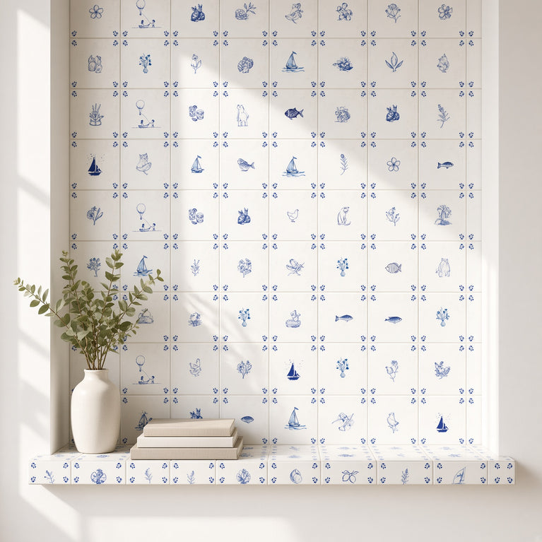 Delft Tile Blue & White Coastal Cottage Tile Backsplash Stickers – Nautical Sailboat, Bunny, Fish & Cat Pattern - D530