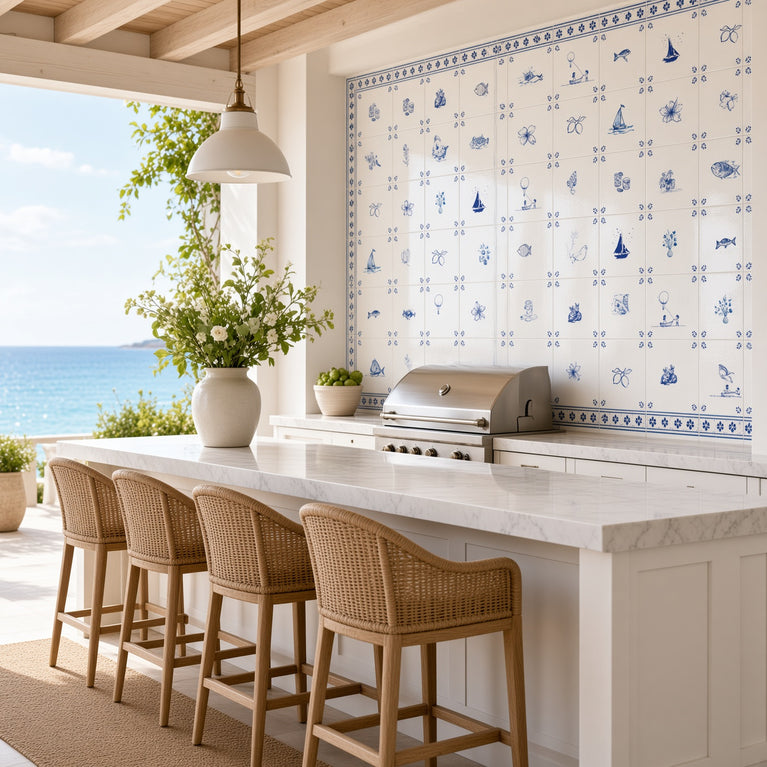 Delft Tile Blue & White Coastal Cottage Tile Backsplash Stickers – Nautical Sailboat, Bunny, Fish & Cat Pattern - D530