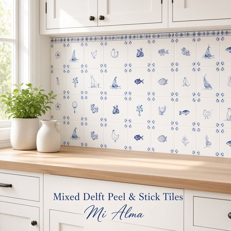 Delft Tile Blue & White Coastal Cottage Tile Backsplash Stickers – Nautical Sailboat, Bunny, Fish & Cat Pattern - D530