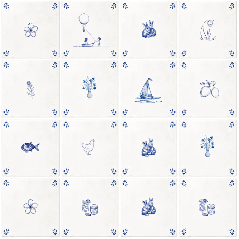 Delft Tile Blue & White Coastal Cottage Tile Backsplash Stickers – Nautical Sailboat, Bunny, Fish & Cat Pattern - D530