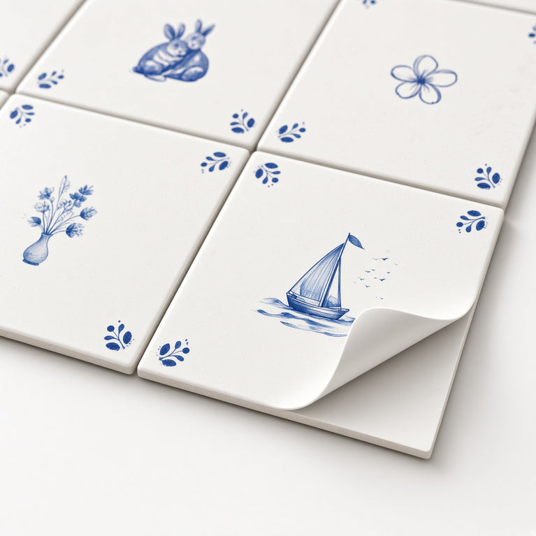 Delft Tile Blue & White Coastal Cottage Tile Backsplash Stickers – Nautical Sailboat, Bunny, Fish & Cat Pattern - D530
